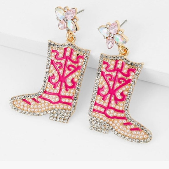Rose Pink Gold Cowgirl Boots Western Earrings Pearls & Rhinestone Rodeo - Picture 2 of 5